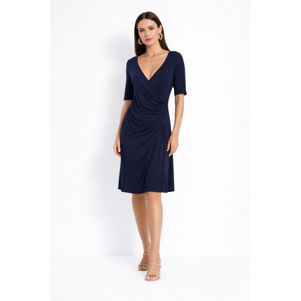 Velvet By Graham and Spencer Navy Blue Ruched Faux Wrap Dress Size S